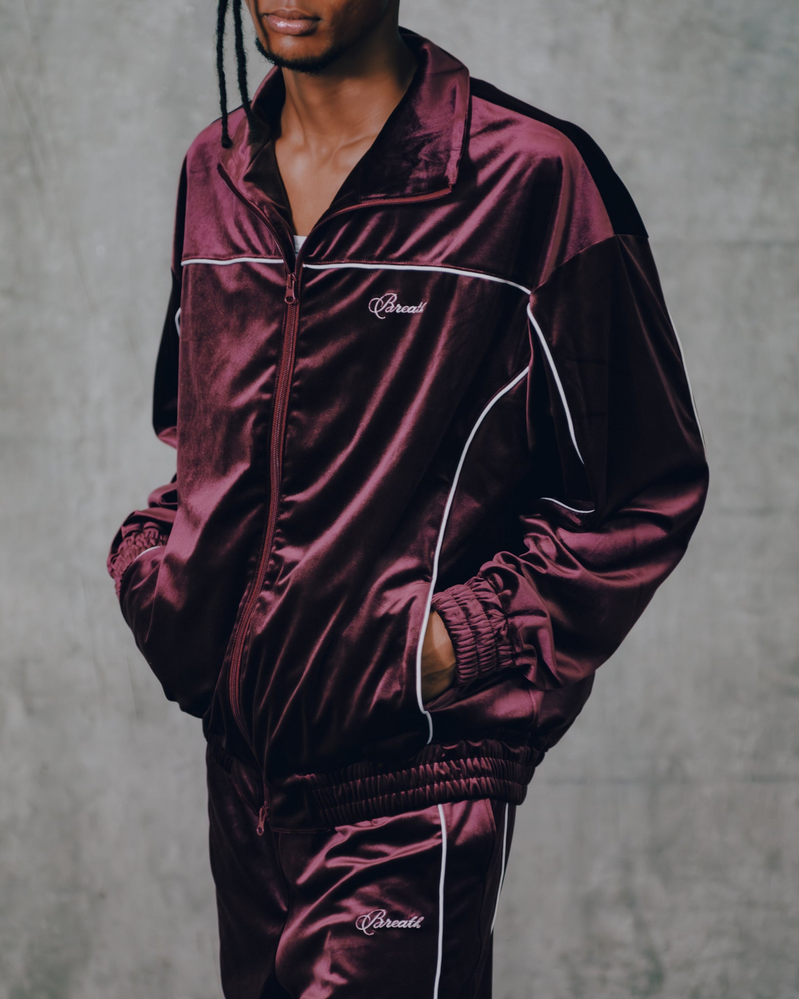 SCRIPT LOGO PIPING VELOUR JACKET / BURGUNDY