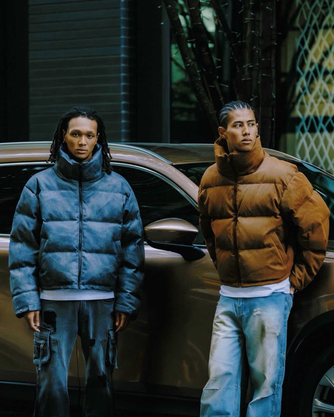 FAUX LEATHER SHRINK DOWN JACKET / BROWN