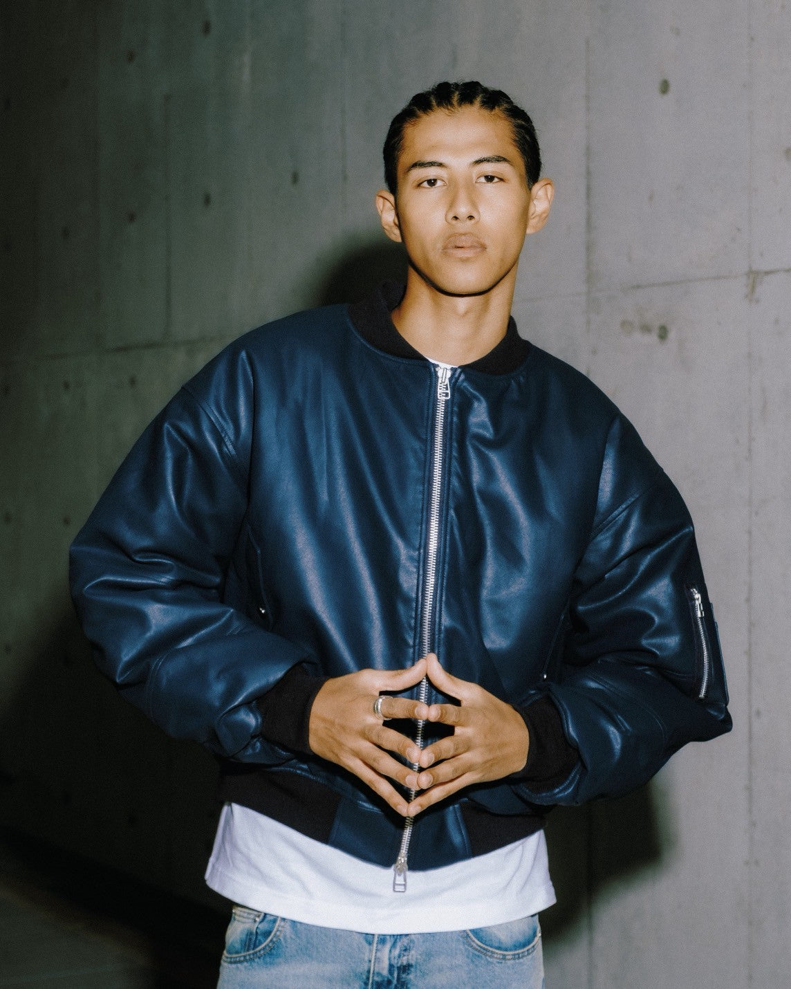 FAUX LEATHER BOMBER JACKET/ NAVY
