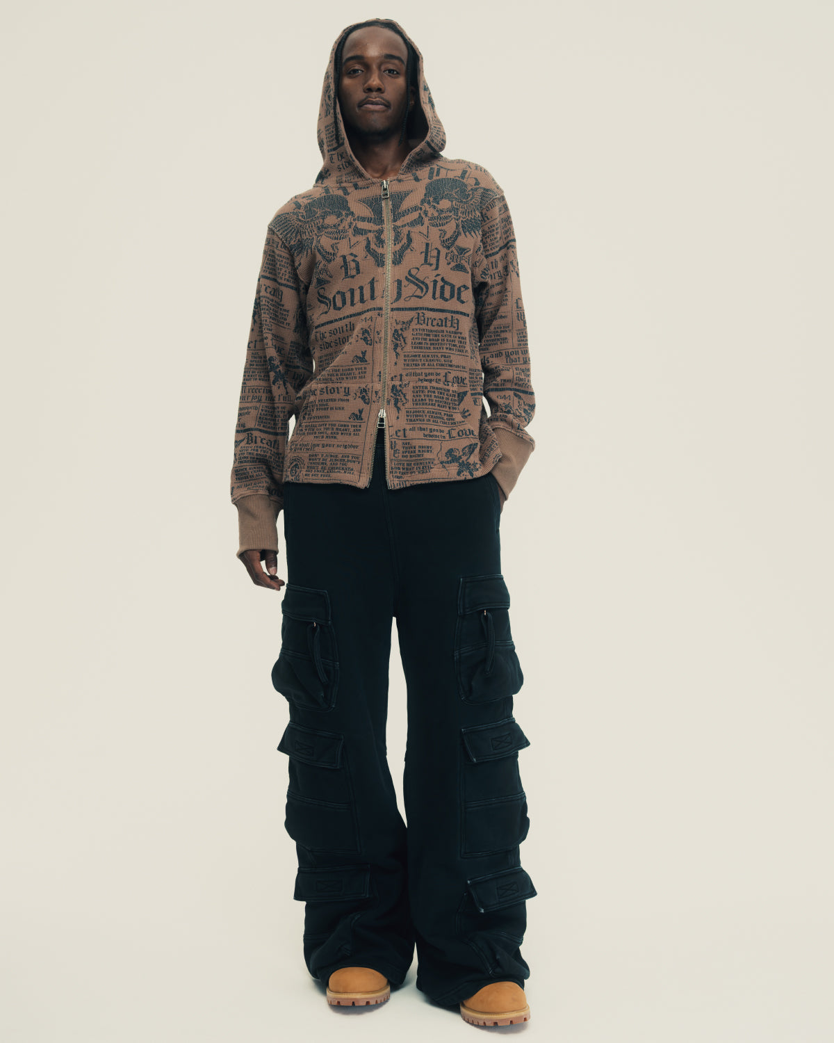 SKULL WASH WAFFLE ZIP UP HOODE / BROWN