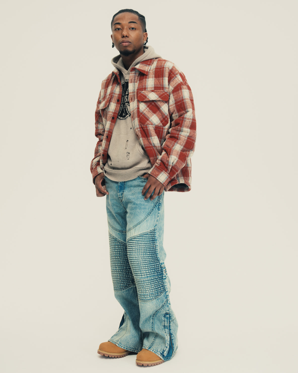 QUILTING CHECK SHIRT / ORANGE