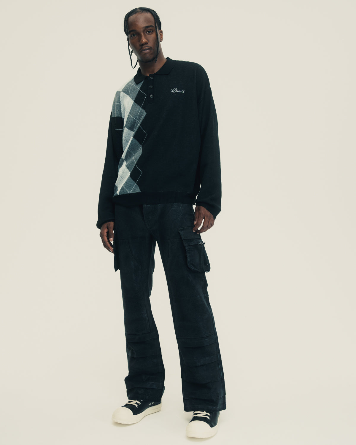 COATING DOUBLE KNEE FLARE DENIM / BLACK