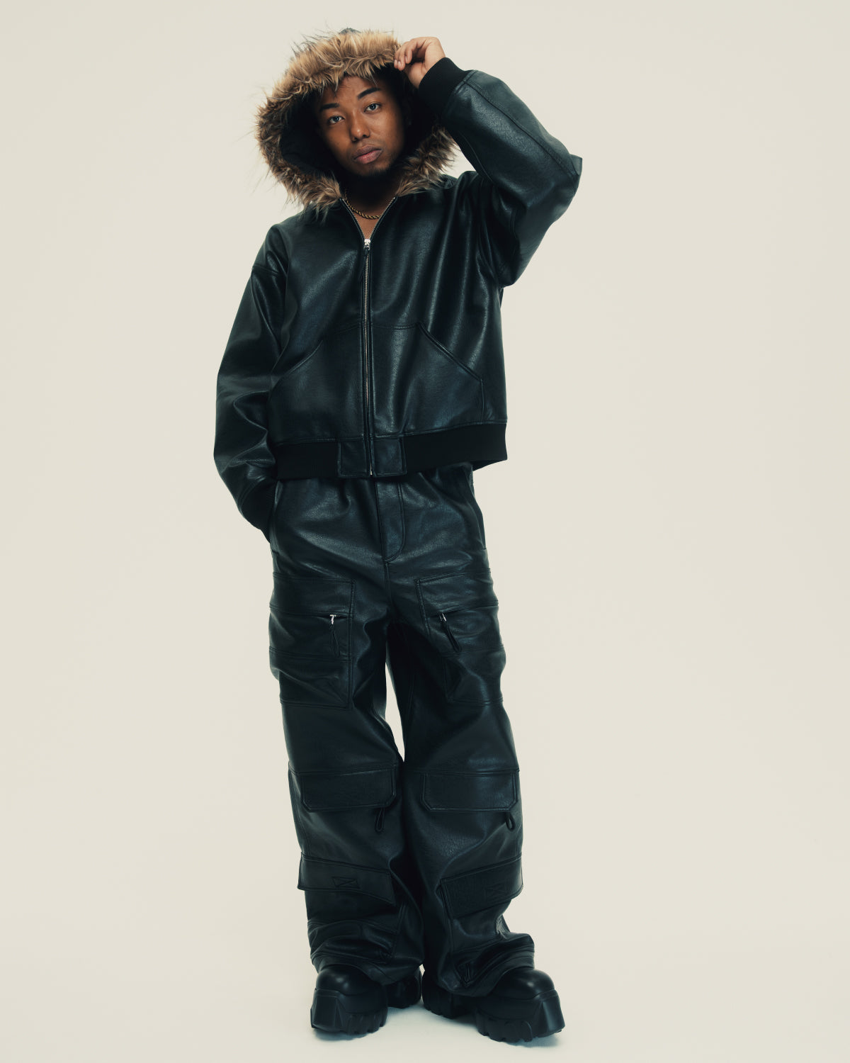 FAUX LEATHER FUR HOODED JACKET / BLACK