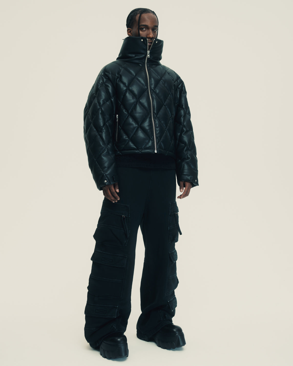 FAUX LEATHER QUILTING DOWN JACKET / BLACK