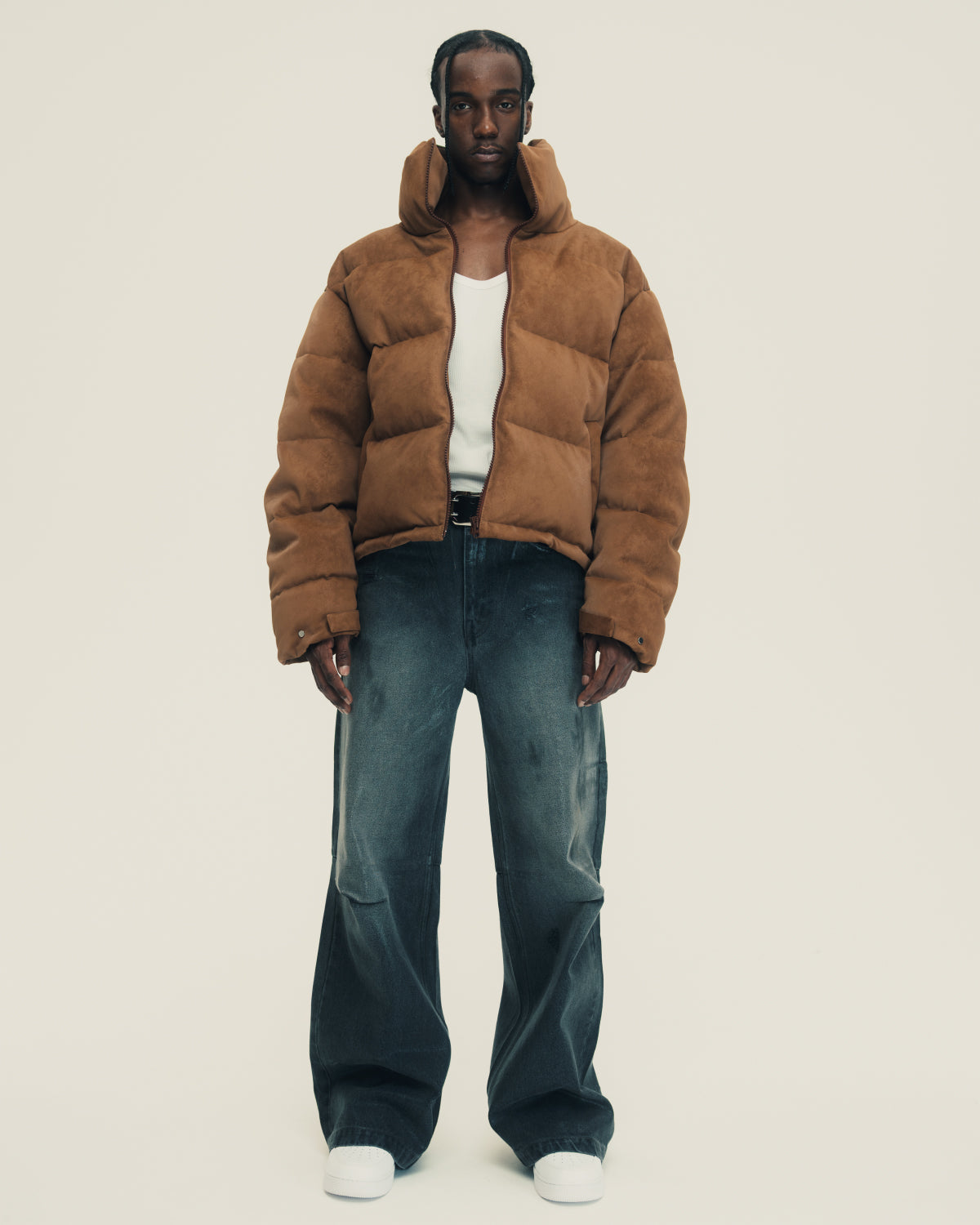 FAUX LEATHER SHRINK DOWN JACKET / BROWN