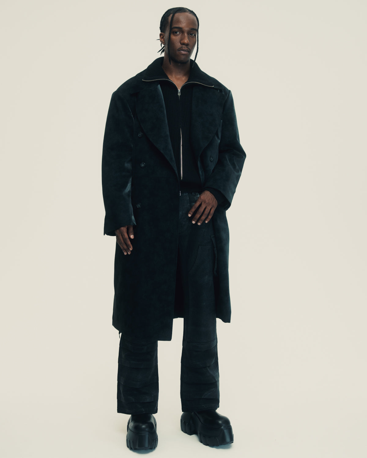 FAUX LEATHER DOUBLE BREASTED COAT / BLACK